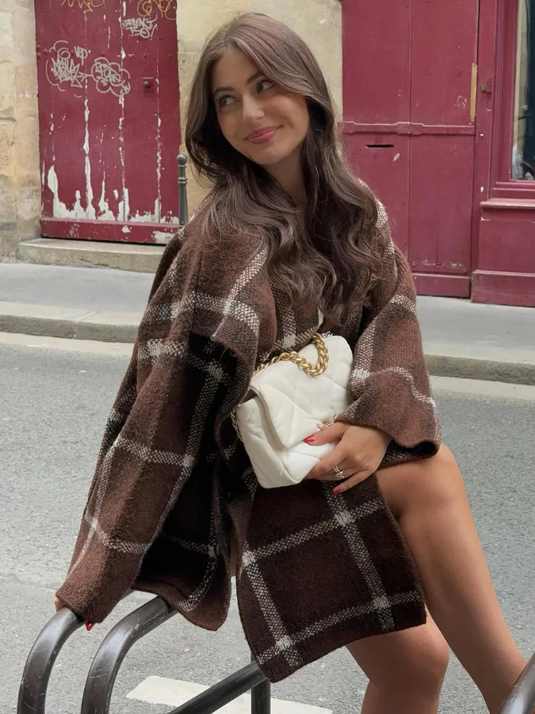 HH 가을 여성 캐주얼 루즈 숏 가디건 우아한 체크무늬 스카프 칼라 포켓 장식 긴 소매 니트 스트리트 코트