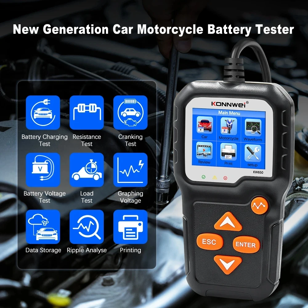 KONNWEI KW650 Motorcycle Car Battery Tester 6V 12V Moto Auto Battery Analyzer 00 to 2000 CCA Charging Cranking Diagnostic Tools