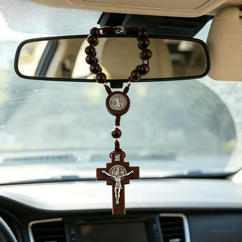 1 à 5 pièces de chapelet en bois avec médaille croix, décoration à suspendre au rétroviseur de voiture, unisexe, cadeaux religieux pour baptême, Pâques, mariage