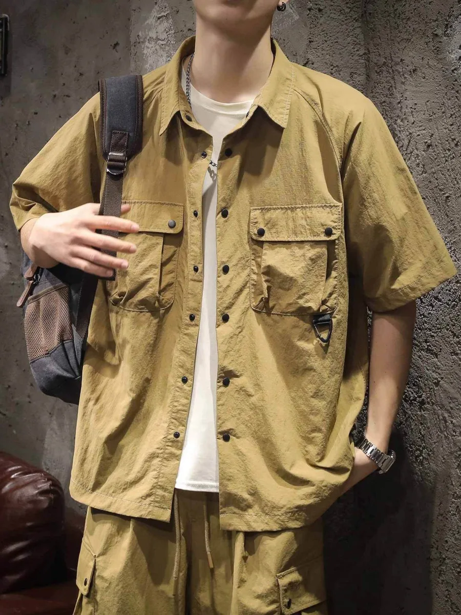 Trendy Cargo Summer Clothes Set Men Short Sleeve Shirt with Pockets And Shorts Solid Casual Safari Outdoor Outfits