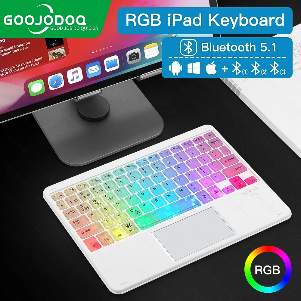 RGB Rainbow Backlit Wireless Bluetooth Keyboard with Touchpad for iPad IOS Android Windows with Transparent buttons