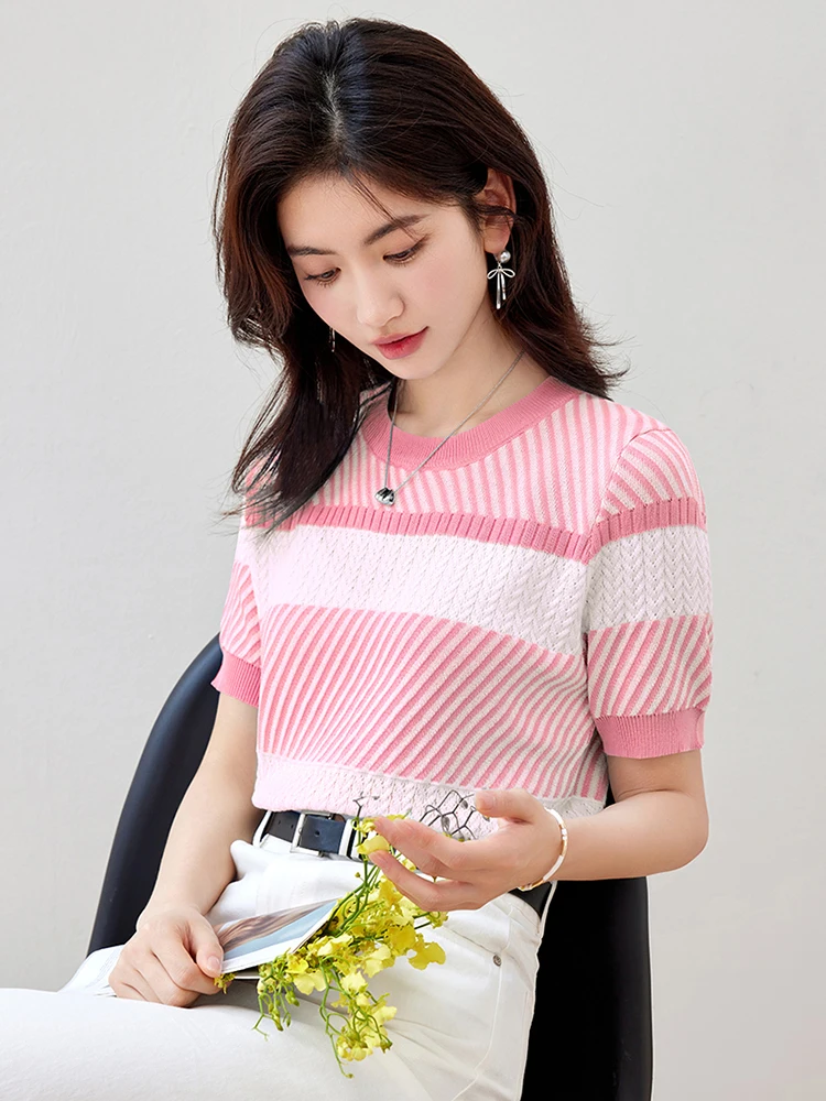 

Women O-neck Knitted T-shirts Summer New Contrast Color Vintage Striped Short Sleeve T-shirt Temperament Casual Versatile Tops