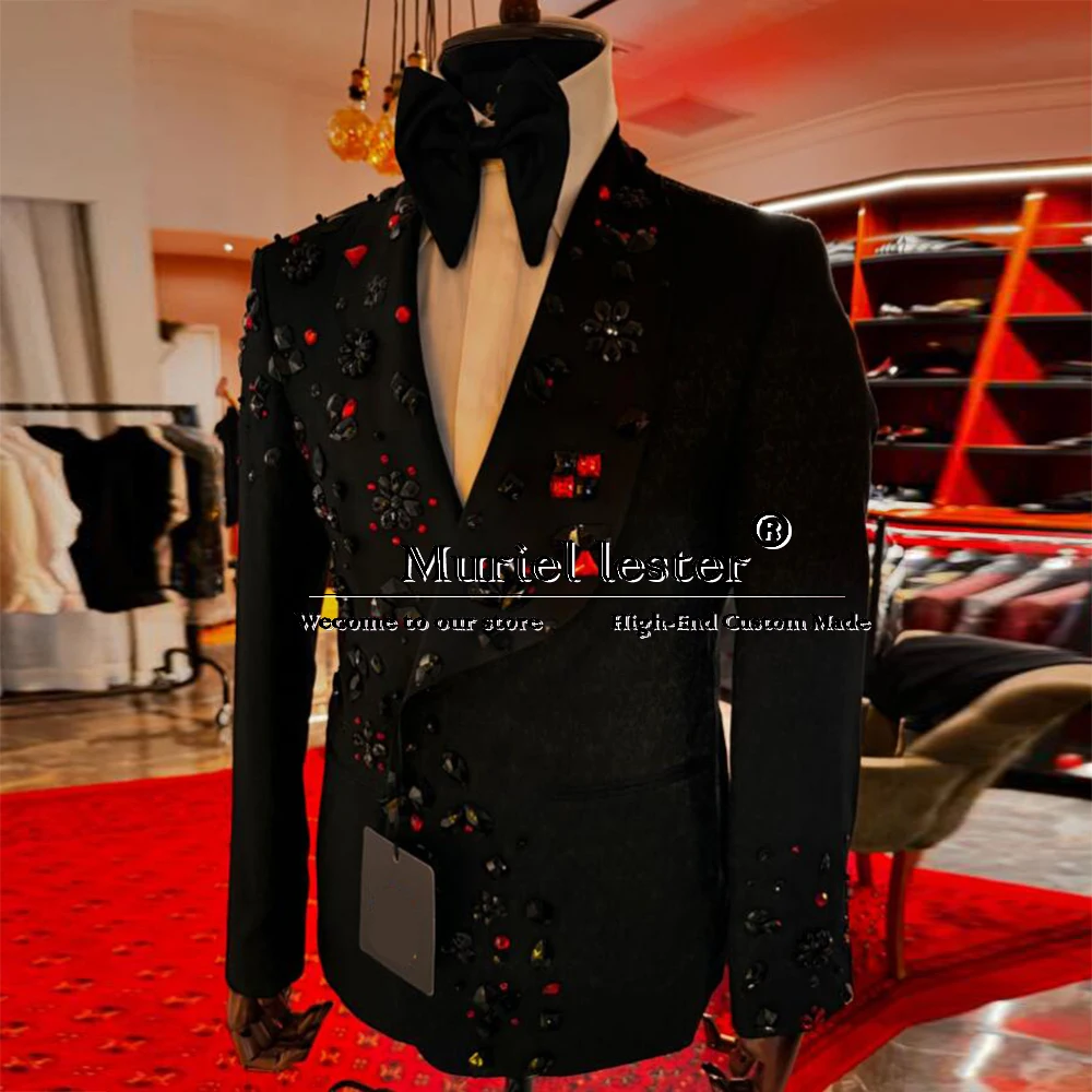 

Black Groom Wedding Suits Luxury Formal Banquet Prom Blazer Formal Party Beaded Stone Jacket Pants 2 Piece Male Fashion Clothing