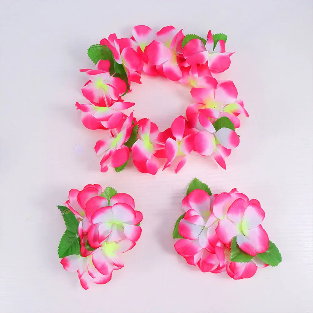 5Pcs Kids Floral Lei Set Hawaiian Wreath Costume Leaf Skirt Bracelet Headband Tropical Luau Party Hawaiian Garland