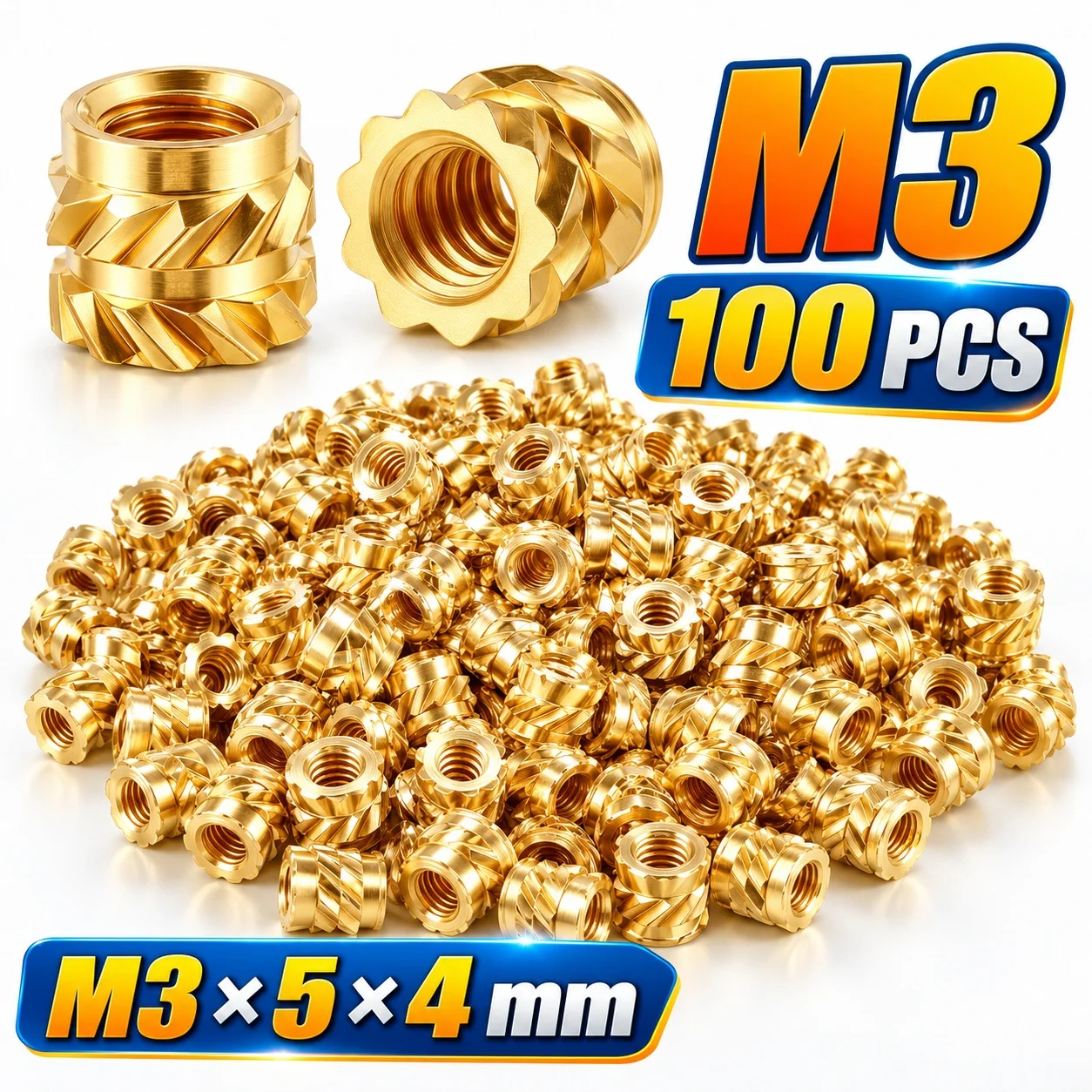 100 Pcs M3 Brass Heat Set Inserts, Knurled Threaded Nuts for 3D Printing, PLA PETG ABS Plastic Parts