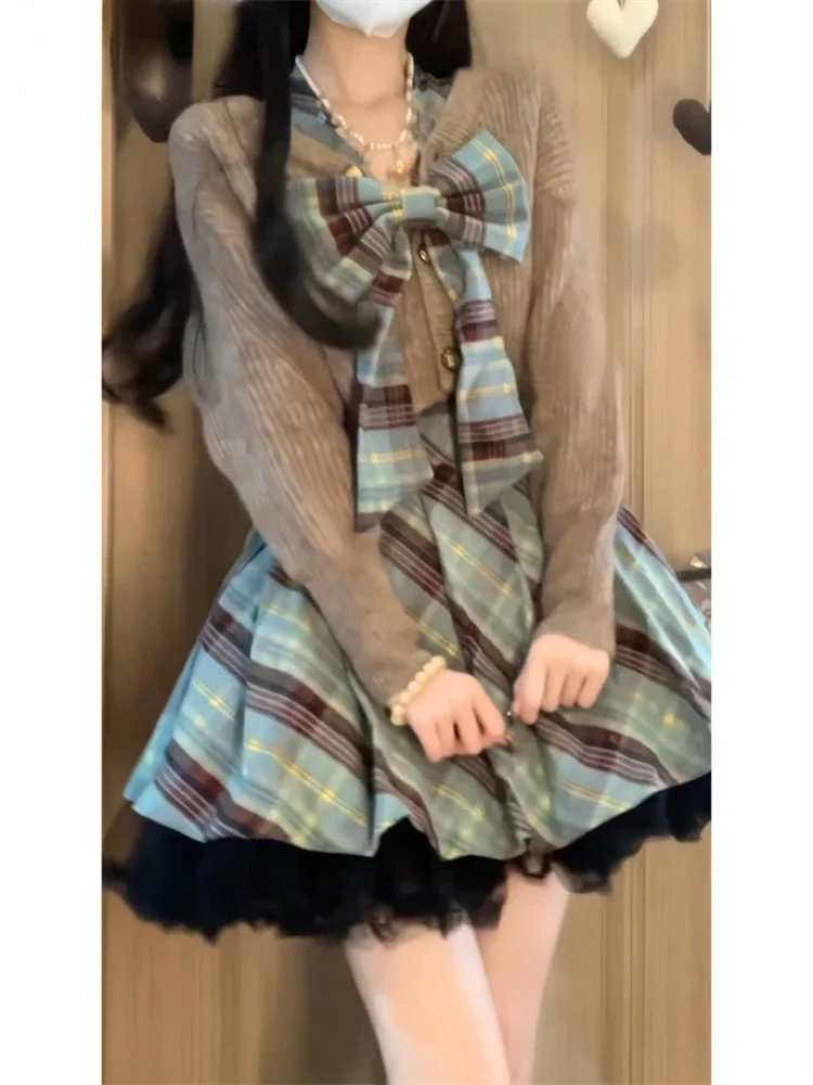 College Style Kawaii Two Piece Set Women Grey Short Sweater + Bow Sleeveless Dress Suit Japanese Sweet Plaid Sets Autumn 2024