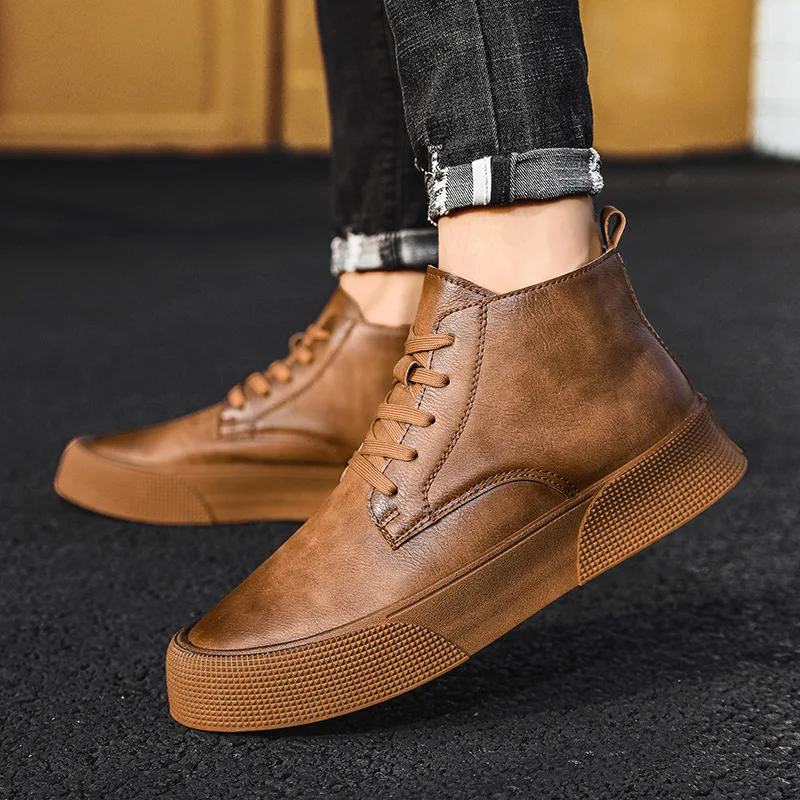 Botines de cuero genuino de corte alto para hombre, zapatillas de moto, botas de herramientas, zapatos deportivos de plataforma para monopatín, otoño