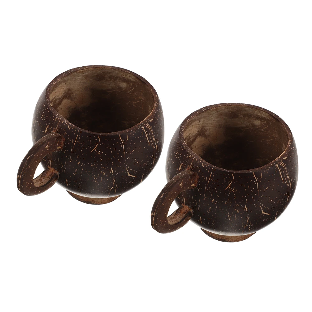 

2 pcs Coconut Shell Cup 300-350ml Large Capacity Coffee Mug Juice Glass Tea Cup Natural Wood Handle Base Universal Container