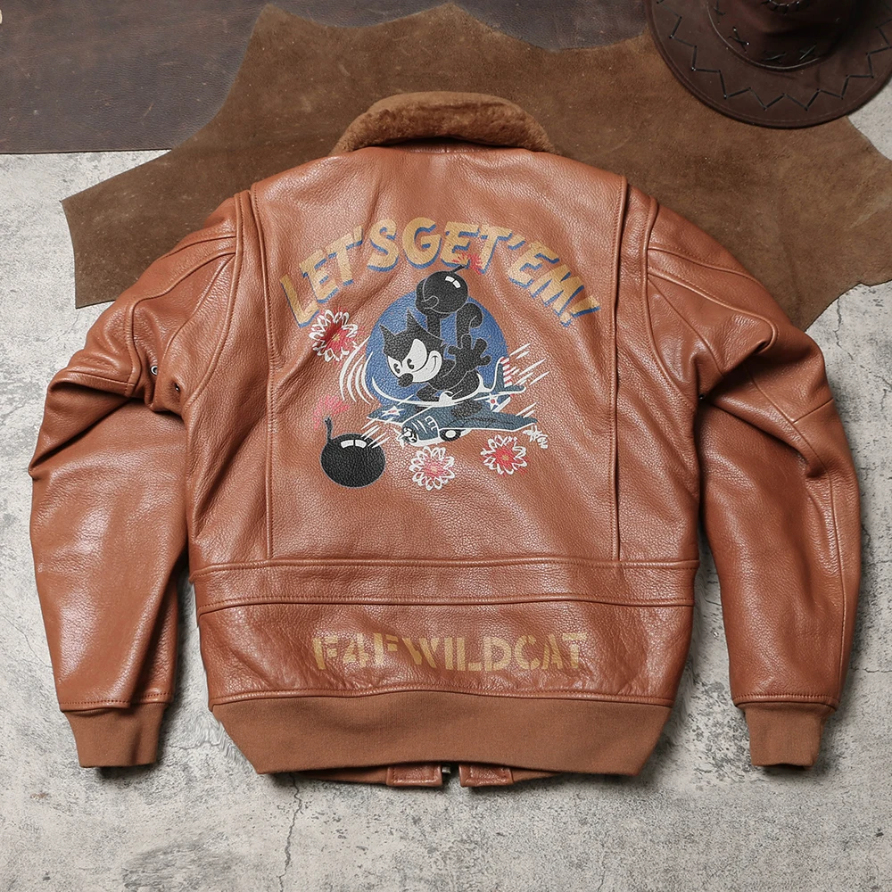 Orange Winter Leather Jacket Men Military Style Plus Size 3XL Genuine Natural Thick Sheepskin Wool Turn-Down Collar Flight Coat