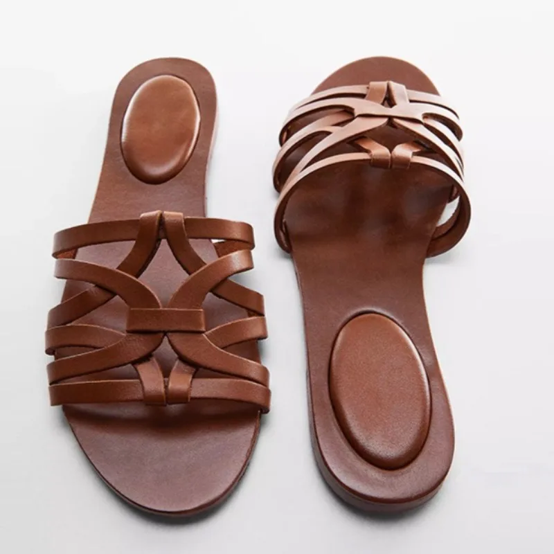 Retro Style Hollow Woven Cross Strap Flat Slippers Women Fashion Round Toe Slip-On Mules Sandals Summer Beach Shoes Sandalias