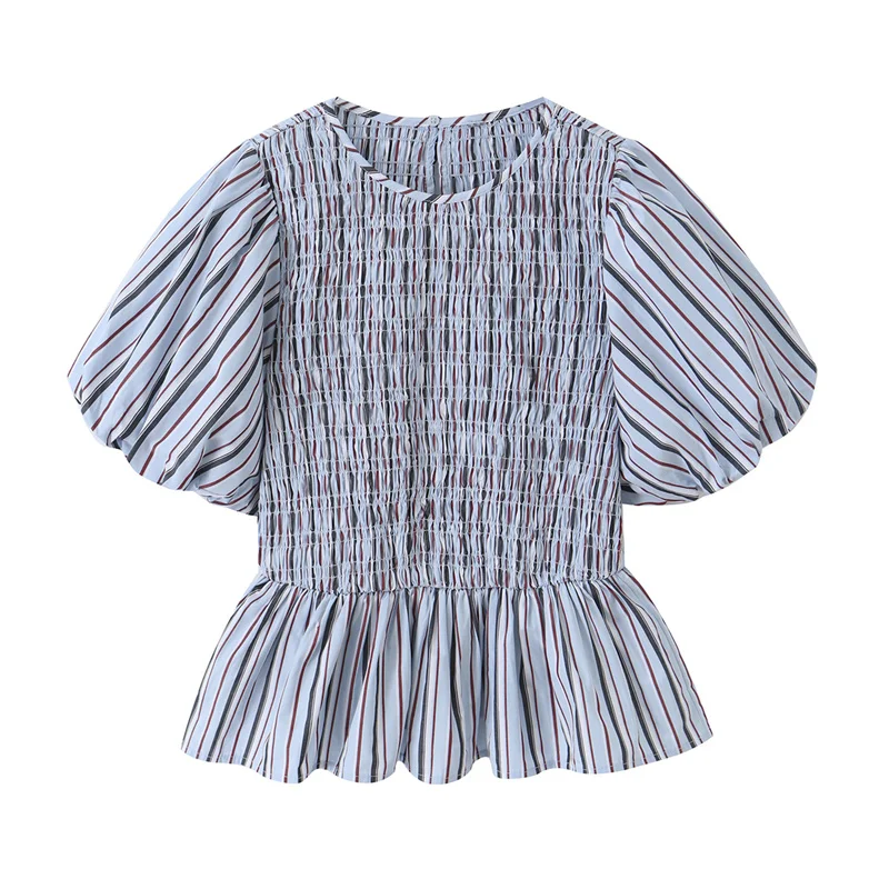 

Women's Top 2026 Summer New Style Multi-Color Striped Short Sleeve Honeycomb Pattern Skirt-Style Pullover Top Personality