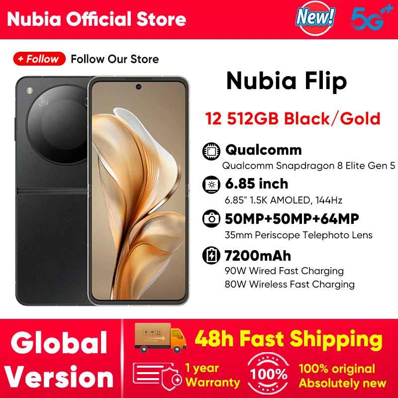 Nubia Flip 5G Global Version Foldable Design Smartphone Android 6.9'' 120Hz OLED Folded Screen 50MP AI Dual Camera 33W Charging