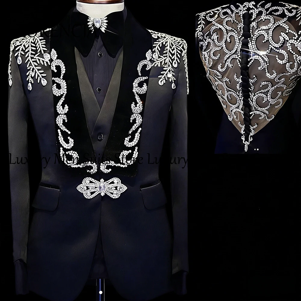 

Fashion Diamond Male Suits 3 Pieces Single Breasted Tuxedos Set Evening Party Outfits Customized Blazer Pants Vest ropa hombre