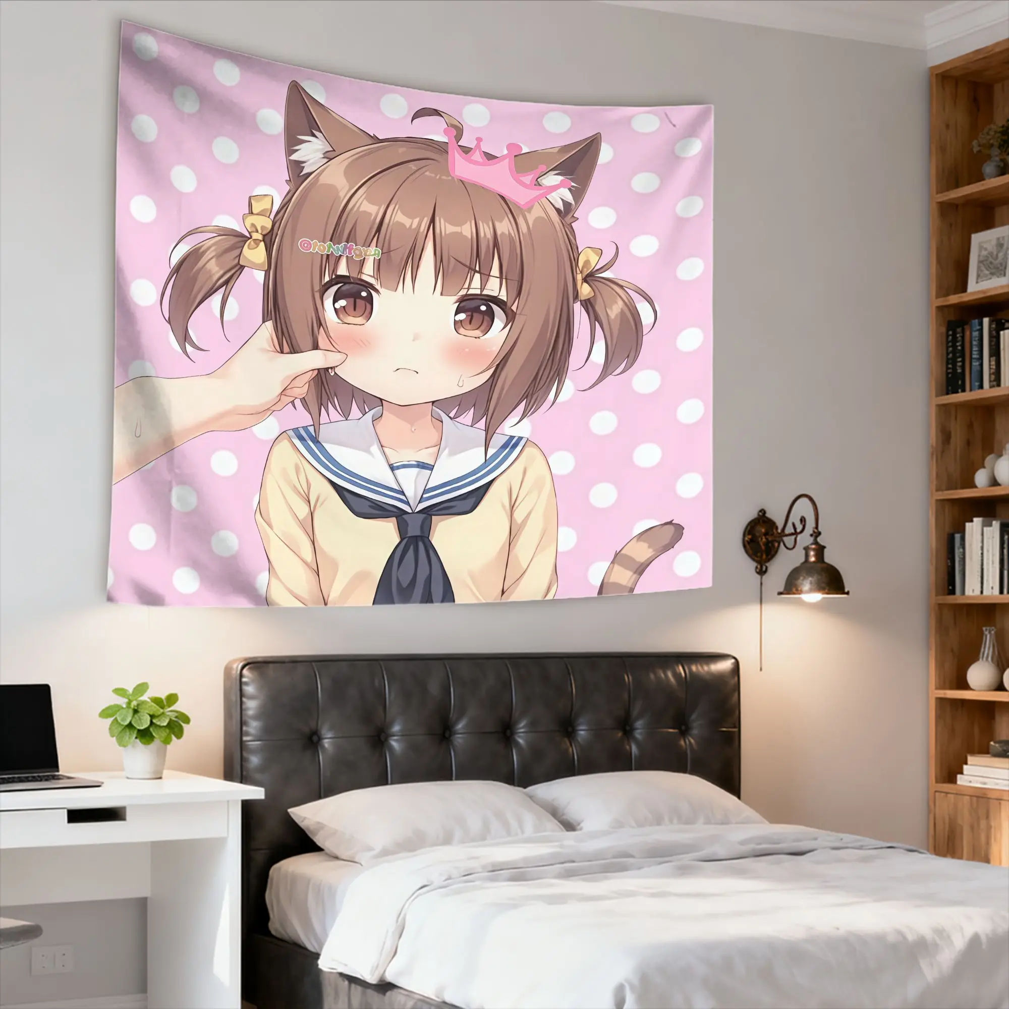Cute Crown Cat Girl Anime Tapestry Wall Hanging Live Streaming Backdrop Decor For Bedroom Living Room Dorm Party Holiday Gift