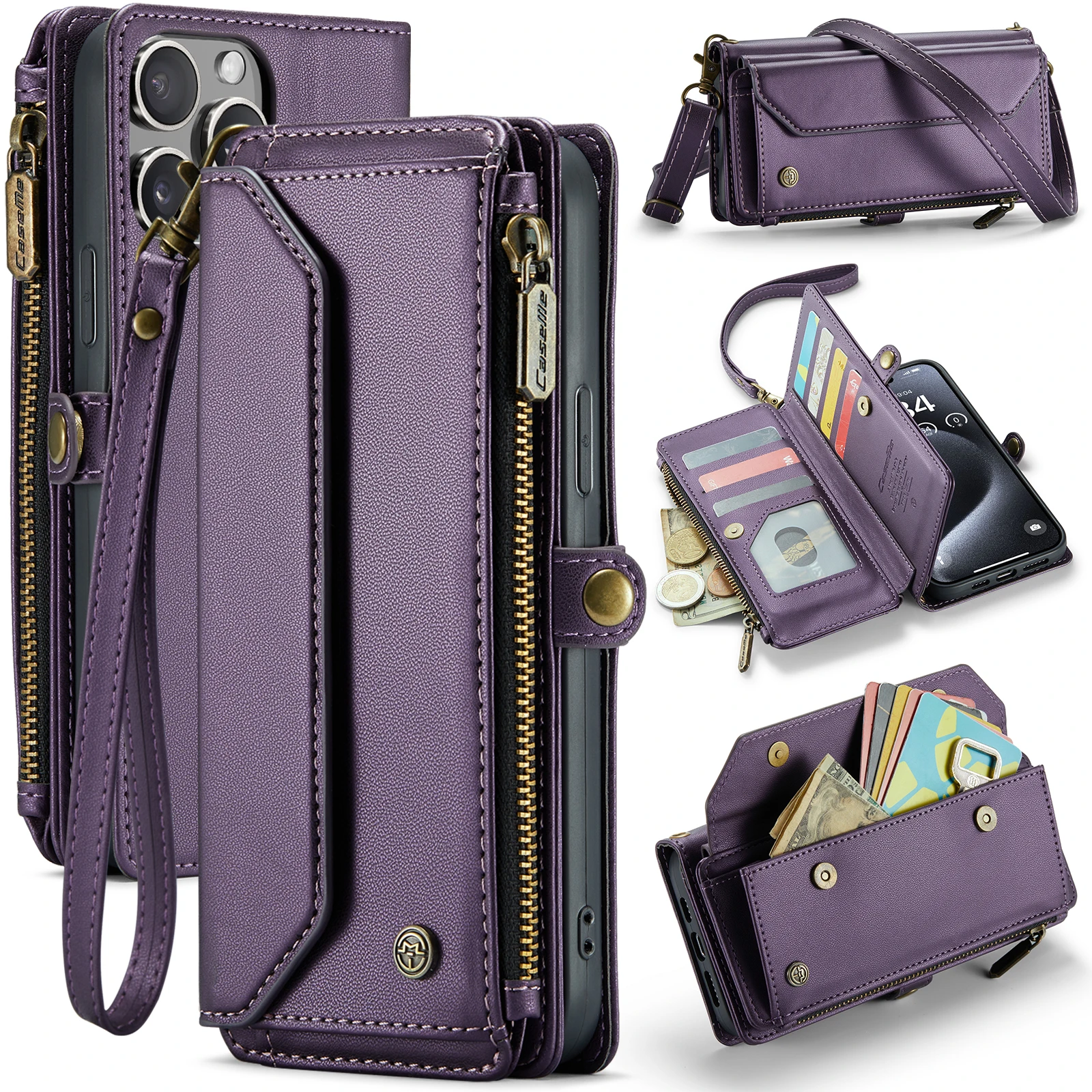 

CaseMe Crossbody Shockproof Leather Card Holder Wallet Case for iPhone 16 Pro Max 15 14 13 12, Zipper Purse Phone Cover Lanyard