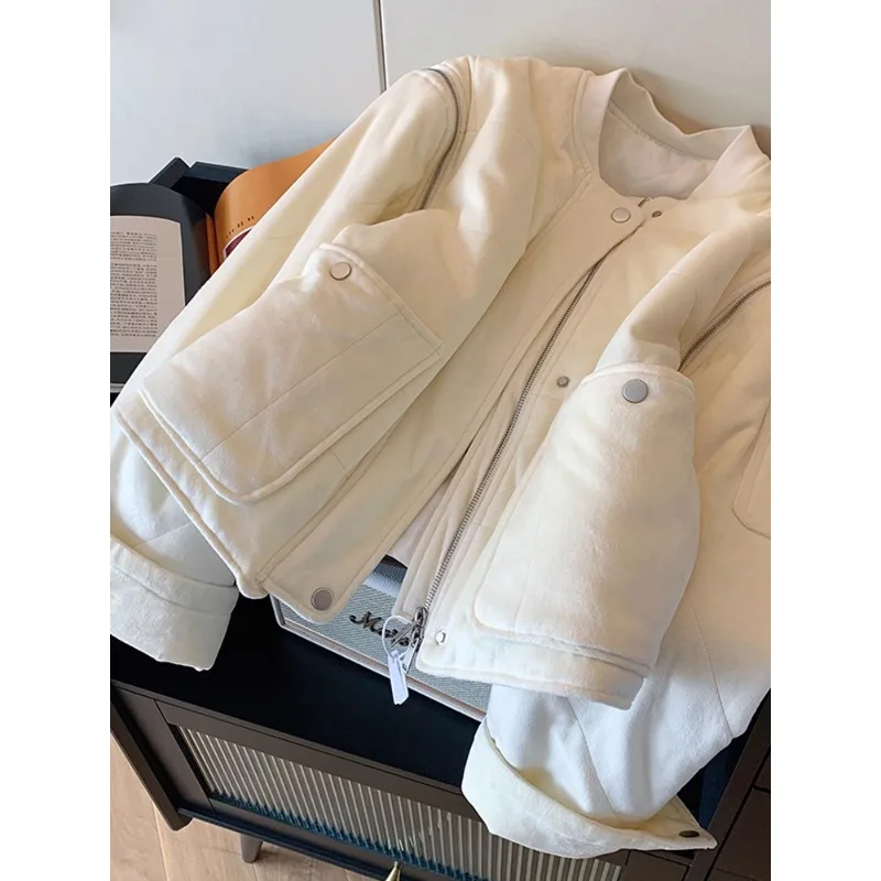 

Корейская хлопковая куртка на молнии для женщин, новинка 2025 года, осенне-зимняя, суперуниверсальная, повседневная, омолаживающая, утягивающая, с длинными рукавами