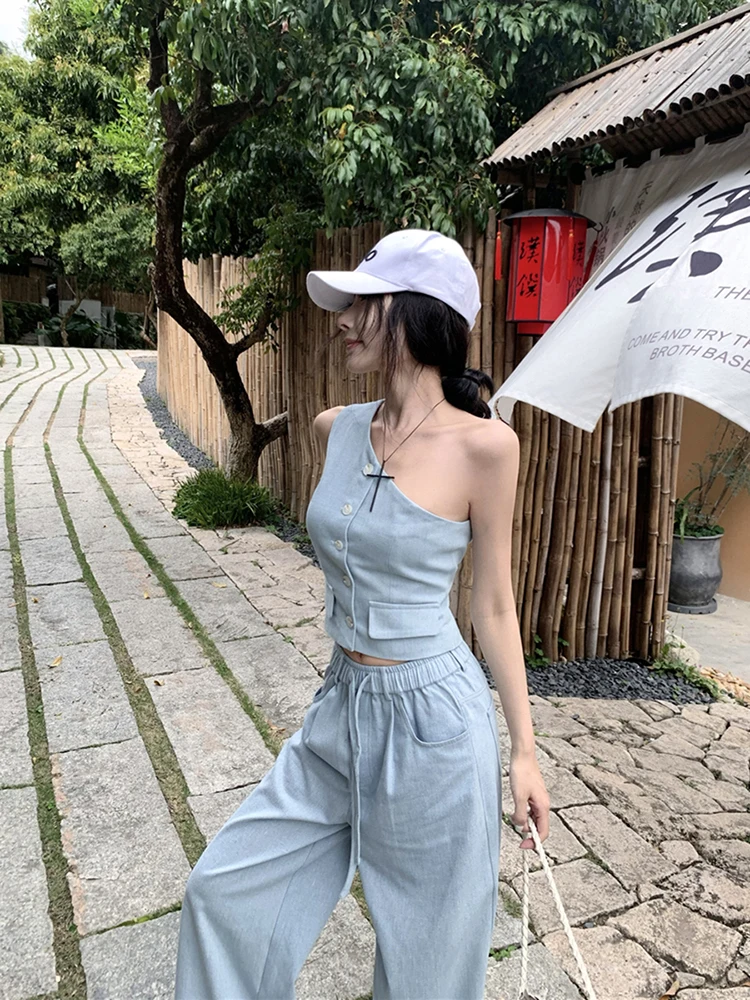 

Retro spicy girl slanted shoulder sleeveless vest women's summer denim suit casual wide leg pants high-end two-piece set