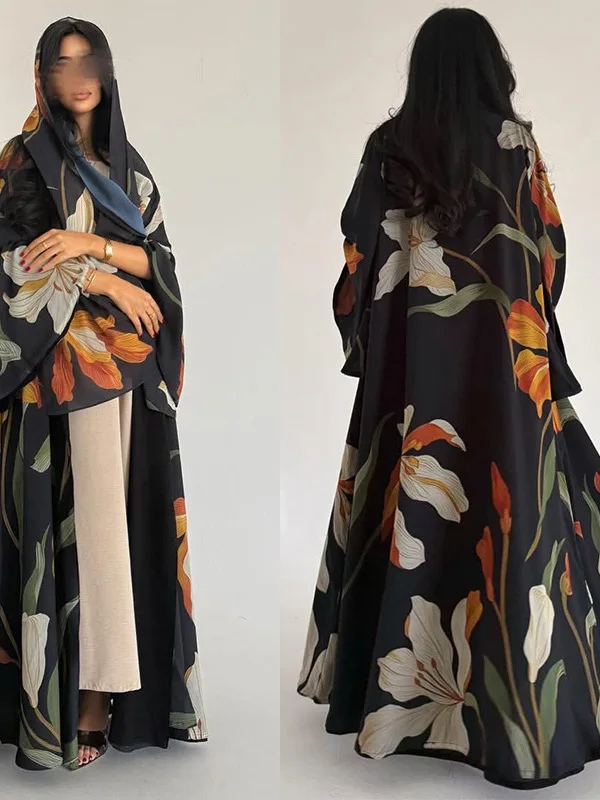 

Elegant Printed Open Cardigan Outerwear with Headscarf Robe Set Ethnic Hanfu Women's Fashion Autumn Season Polyester Material