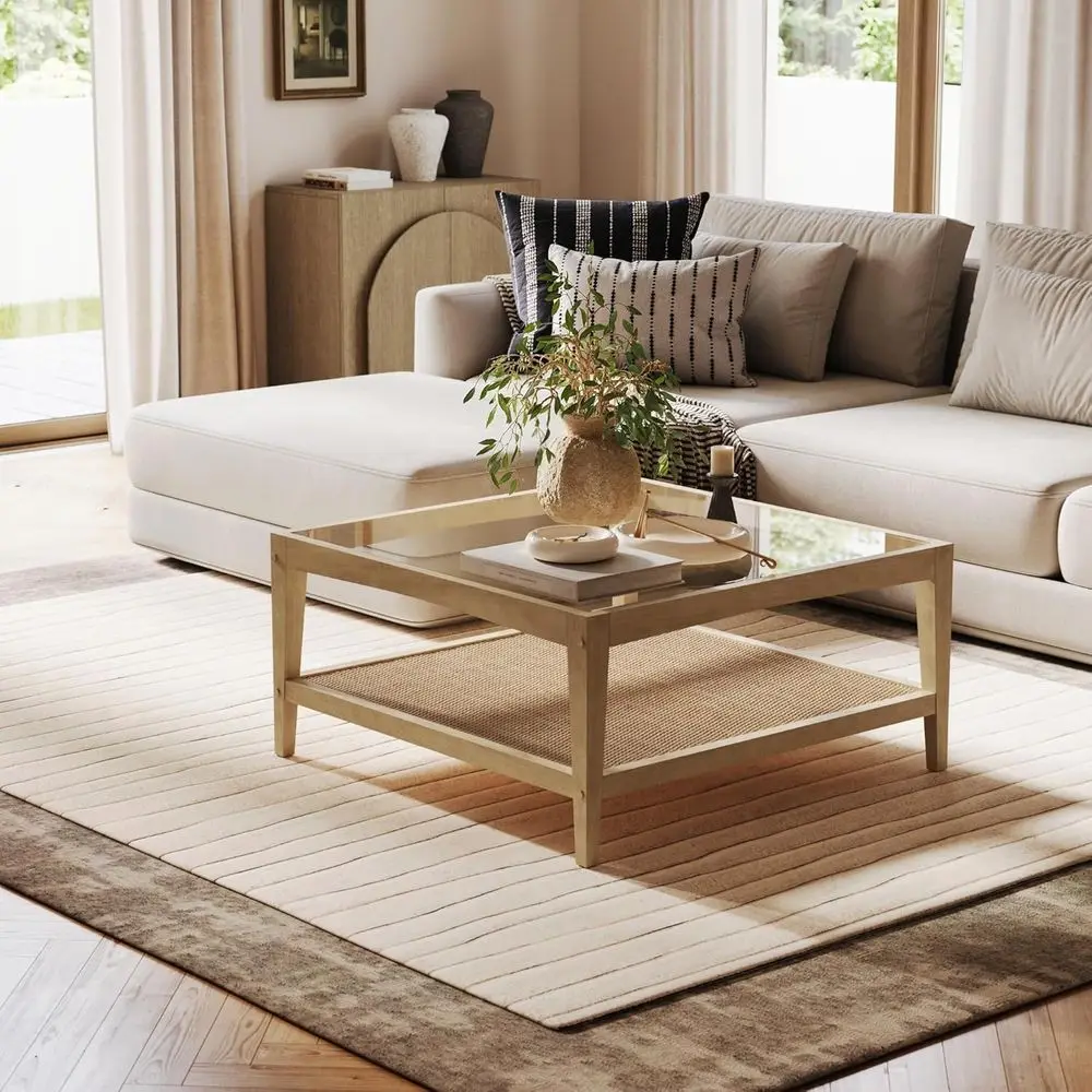 

Glass Top Coffee Table, Solid Wood Coffee Table with Glass Top and Rattan Bottom Shelf, Light Brown