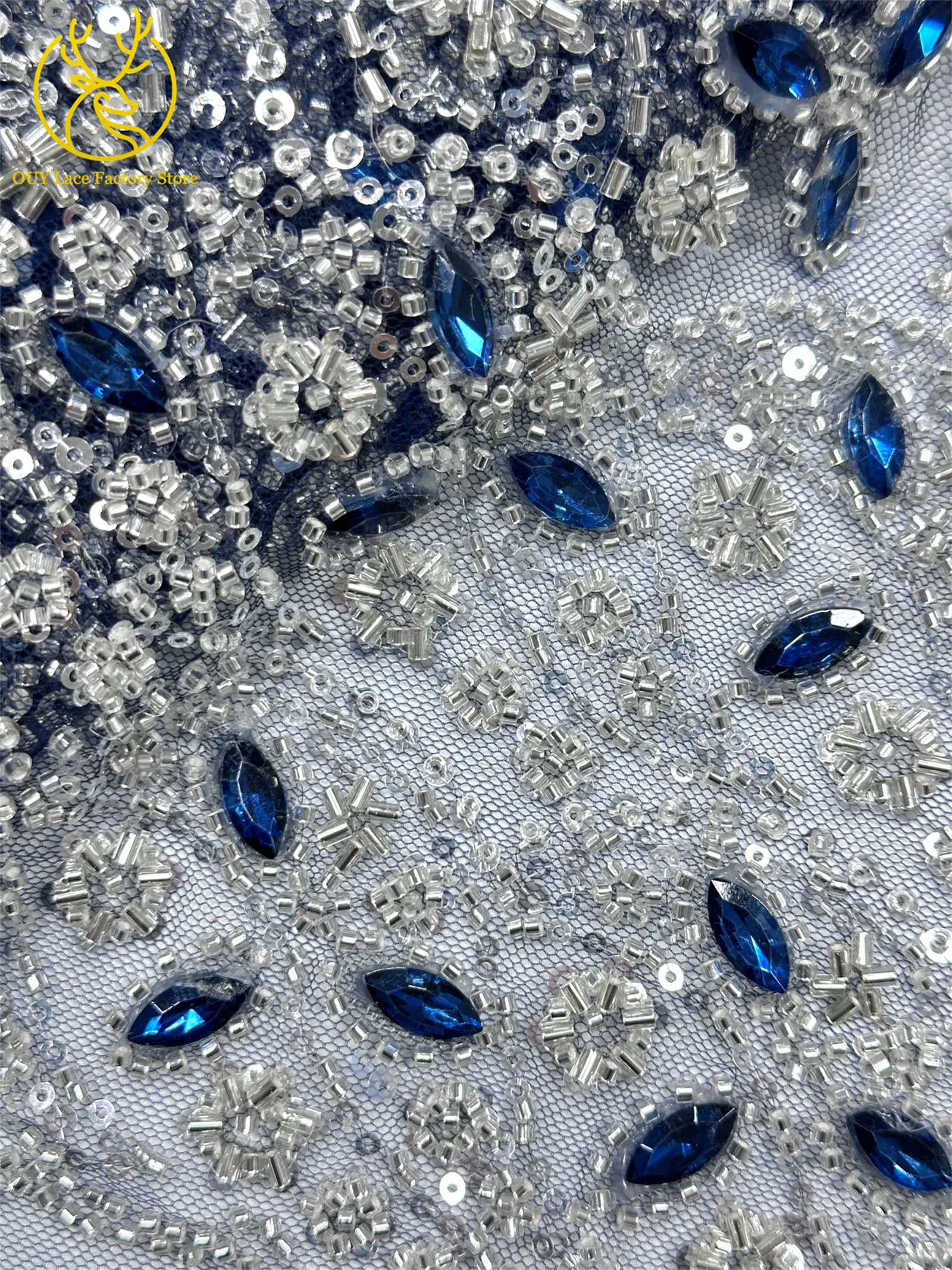 Marineblauer französischer Luxus-Spitzenstoff mit Perlen und Steinen 2026 Nigerianischer afrikanischer Pailletten-Spitzenstoff, geeignet zum Nähen von Abendkleidern – Detail 27