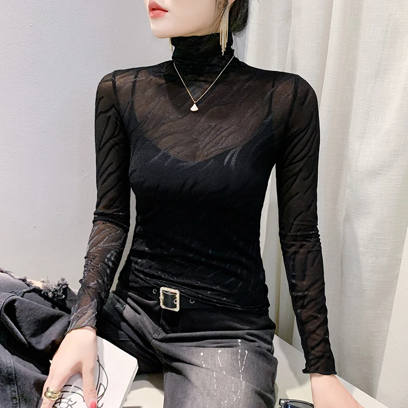 Black,Korean,Style,Fall,Winter,T-shirt,Sexy,Hollow Out,Turtleneck,Mesh,Thin,Women,Tops,Long Sleeve,Bottoming,Shirt,Tees,411707 image 5