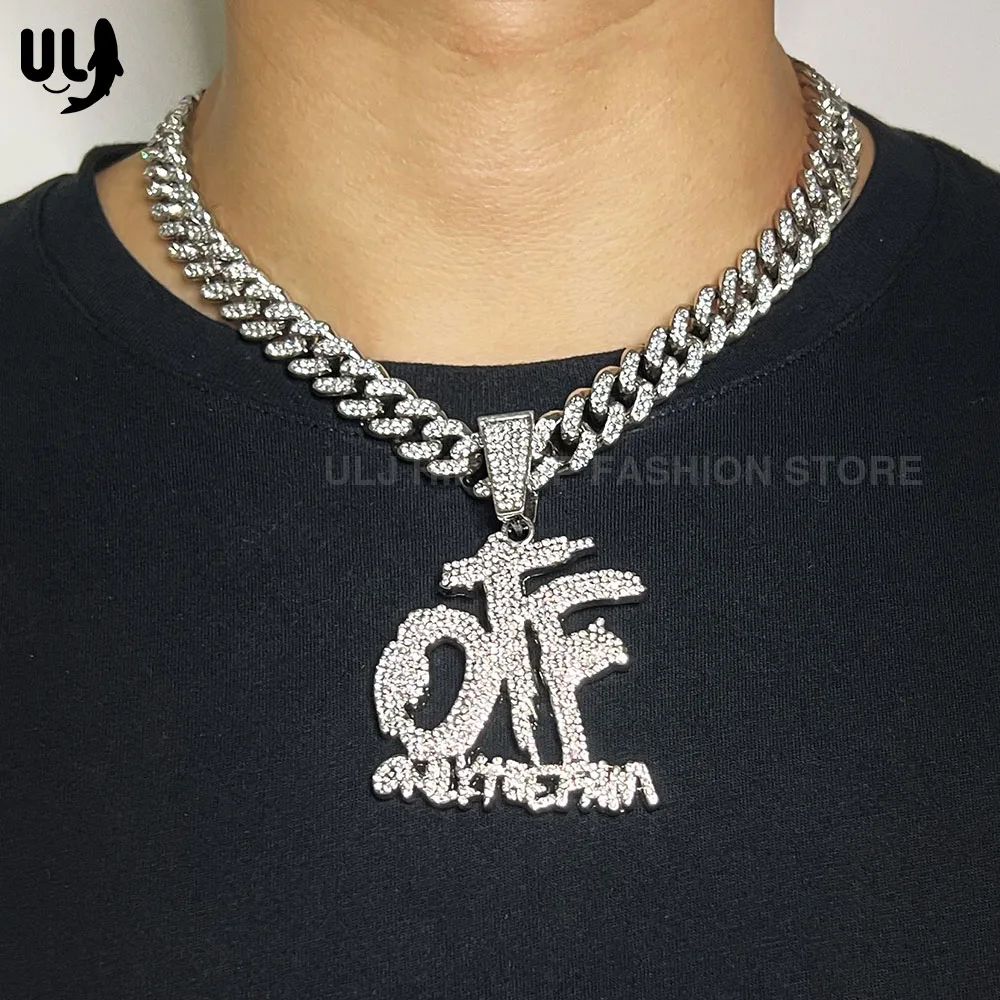 ULJ 12mm Hip Hop Bling Rhinestone Cuban Link Chain for Women Men Silver Color OTF Letter Pendant Necklaces Jewelry