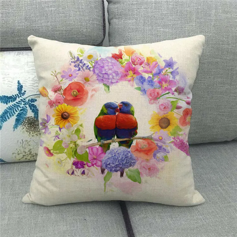 Parrot Birds Printed Linen Cushion Cover 45x45cm Home Couch Decorative Pillow Covers Beautiful Animals Pattern Throw Pillowcase