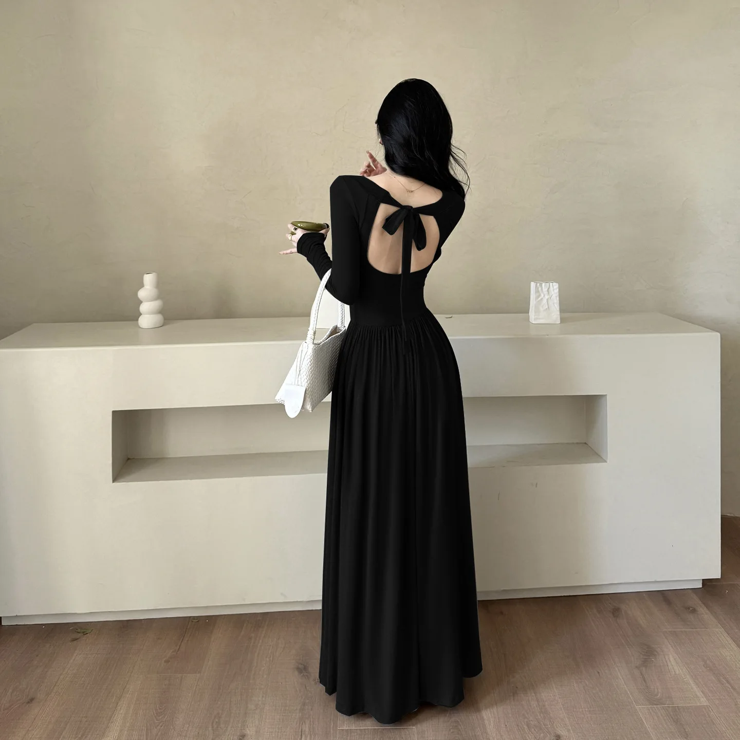 Abito da donna casual comodo a trapezio Nicchia Cravatta posteriore Dettagli ritagliati Abiti Semplice tinta unita drappeggiato Abbigliamento alla moda autunnale