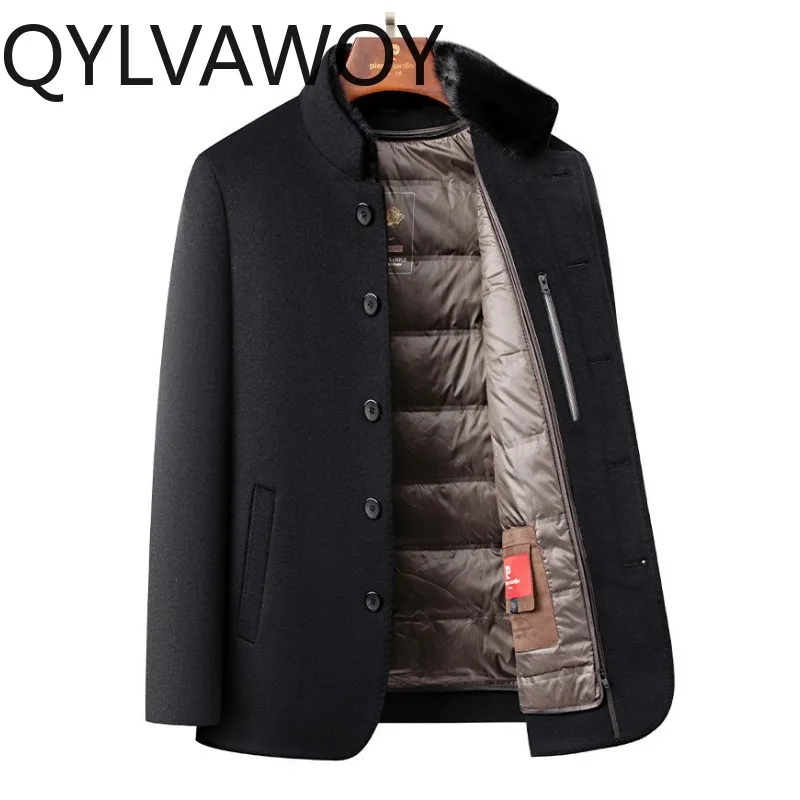 

Мужская куртка QYLVAWOY из 100% шерсти, зимняя, с воротником-стойкой, со съемной подкладкой из утиного пуха и воротником из норки, теплая одежда для мужчин