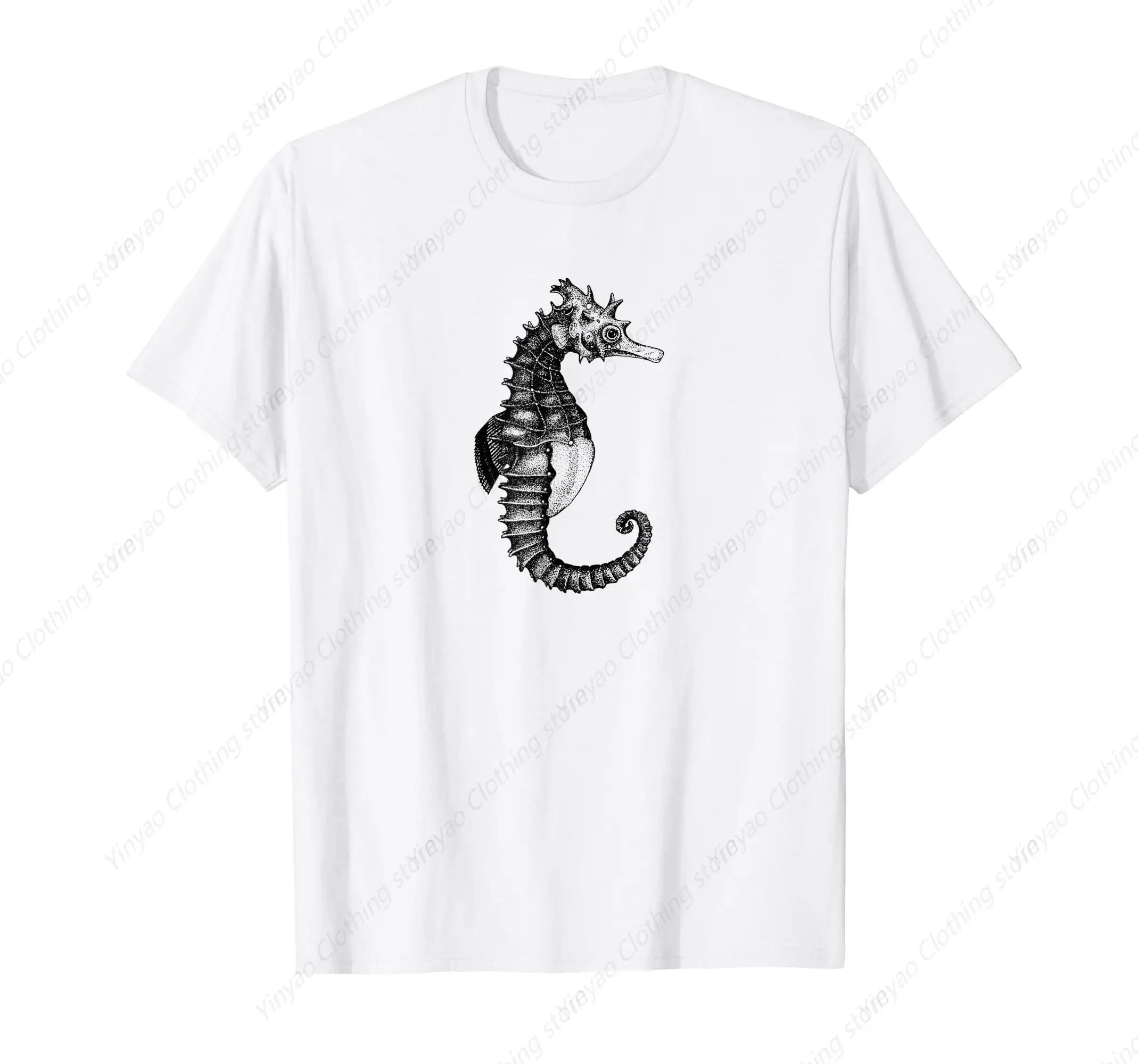 White Fun Seahorse Pattern Men's Fashion Personalized Men's T-shirt Cotton Short Sleeve