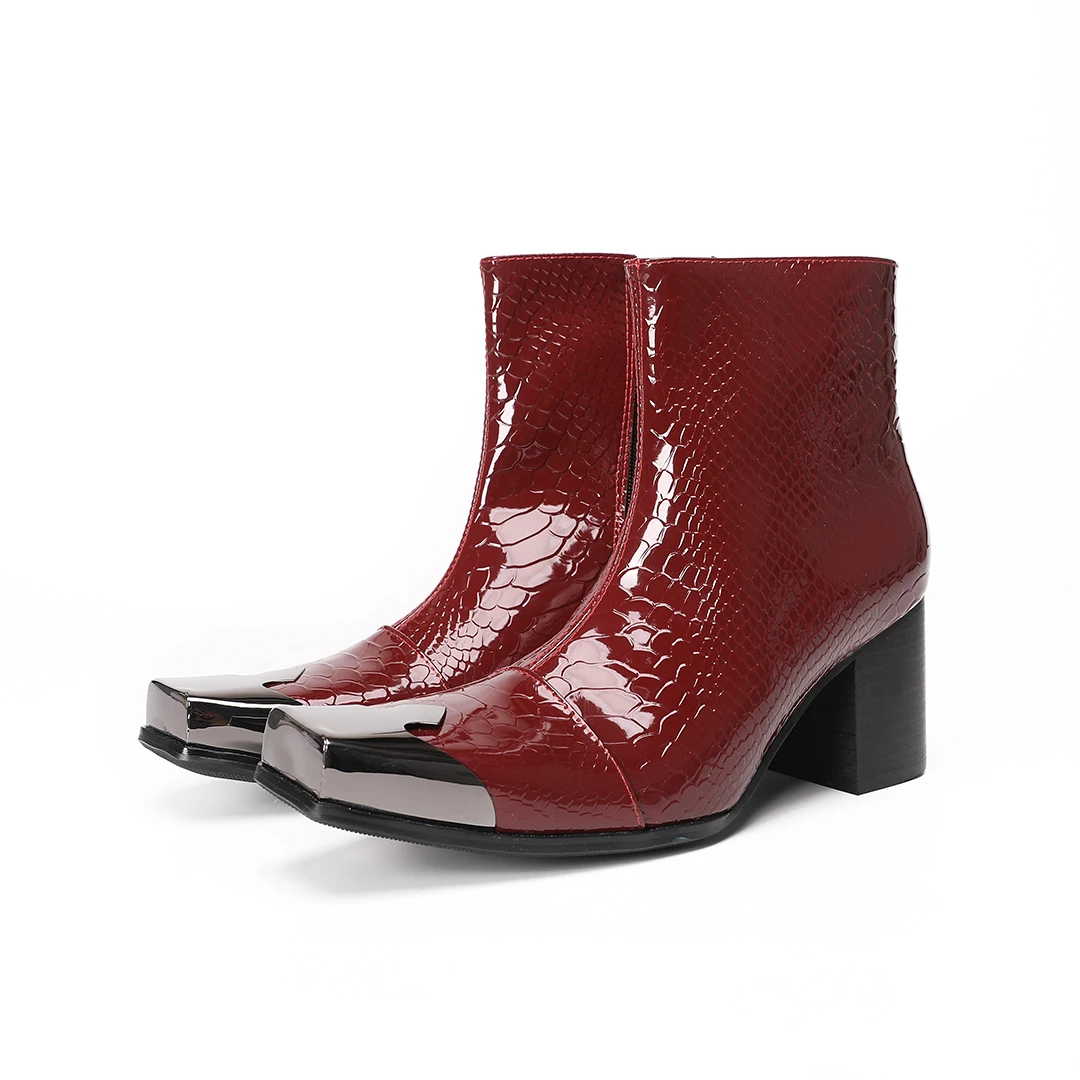 Red Metal Square Toe Men Genuine Leather High Heels Boots Night Club Party Ankle Boots Male Jazz Dance Short Boots Big Size