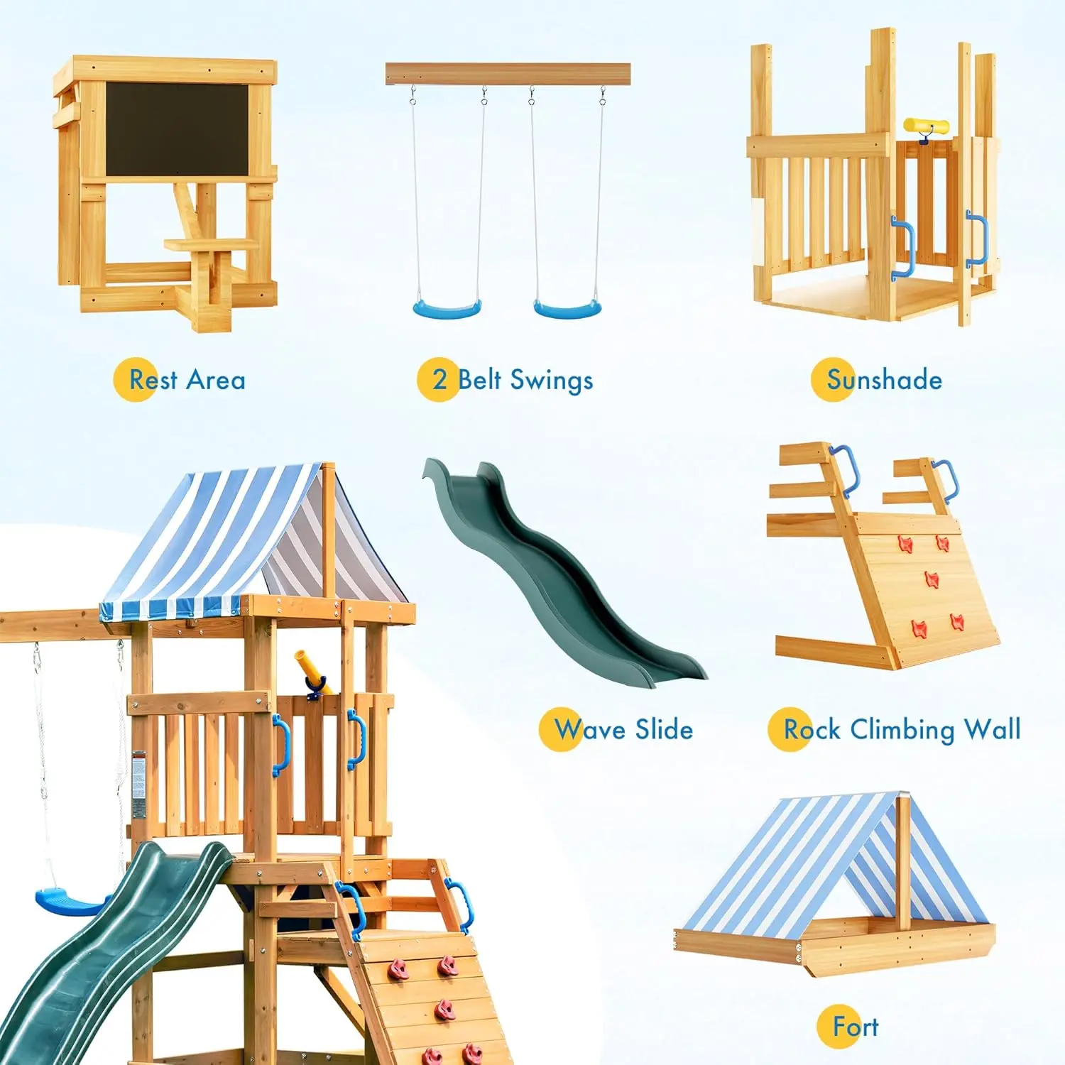 Robotime Robud Wooden Swing Set with Dual Swings Slide Rock Climbing Wall Chalkboard Telescope Fort for Backyard Fun for Kids