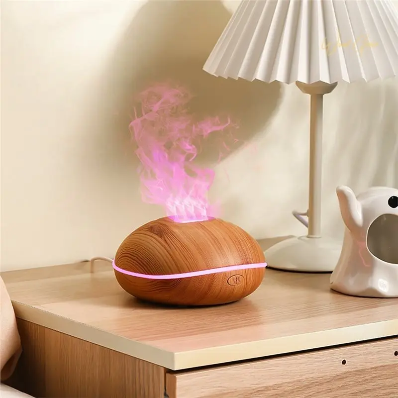 ABUD-Flyings Saucer Aromatherapy Diffuser Wood Grain Air Humidifier Ultrasonic Cool Mist Humidifier 7-Color LED Flame