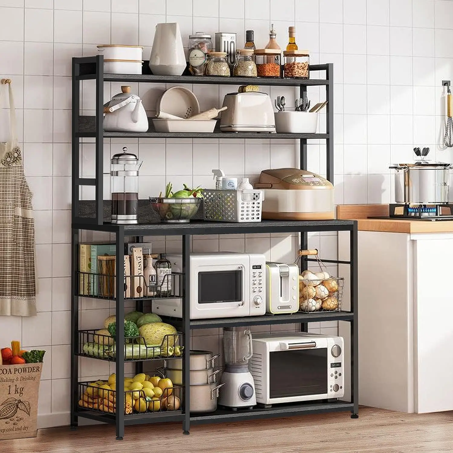 

Kitchen Bakers Ra With Baskets, 5-Tier Utility Storage Shelf With Hooks, Microwave Oven Stand, Free Standing Vintage Grey Shelf