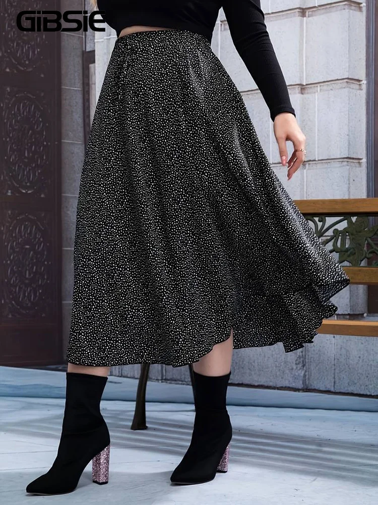 

GIBSIE Plus Size Vintage Polka Dot Long Skirts Women Spring Fall High-waisted Elastic Lace-up A-Line Skirt Female Casual Bottoms