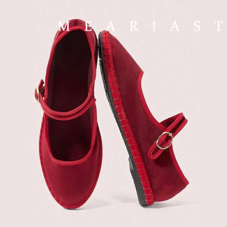 Red Mary Jeans Flats Shoes Women Round Toe Hand Stitch Velvet Cloth Shoes Ladies Casual Soft Comfortable Ballet Shoes Loafers view 2