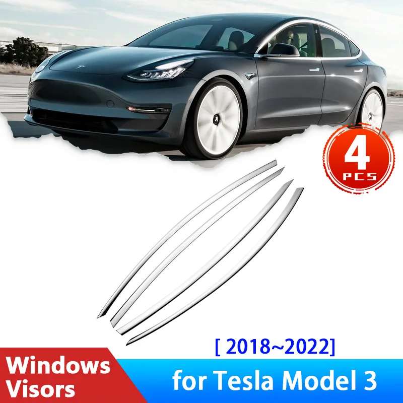 4x Car Side Windows Visors for Tesla Model 3 2018~2022 Accessories Electroplated Deflectors Rain Eyebrow Guards Sun Visor Smoke