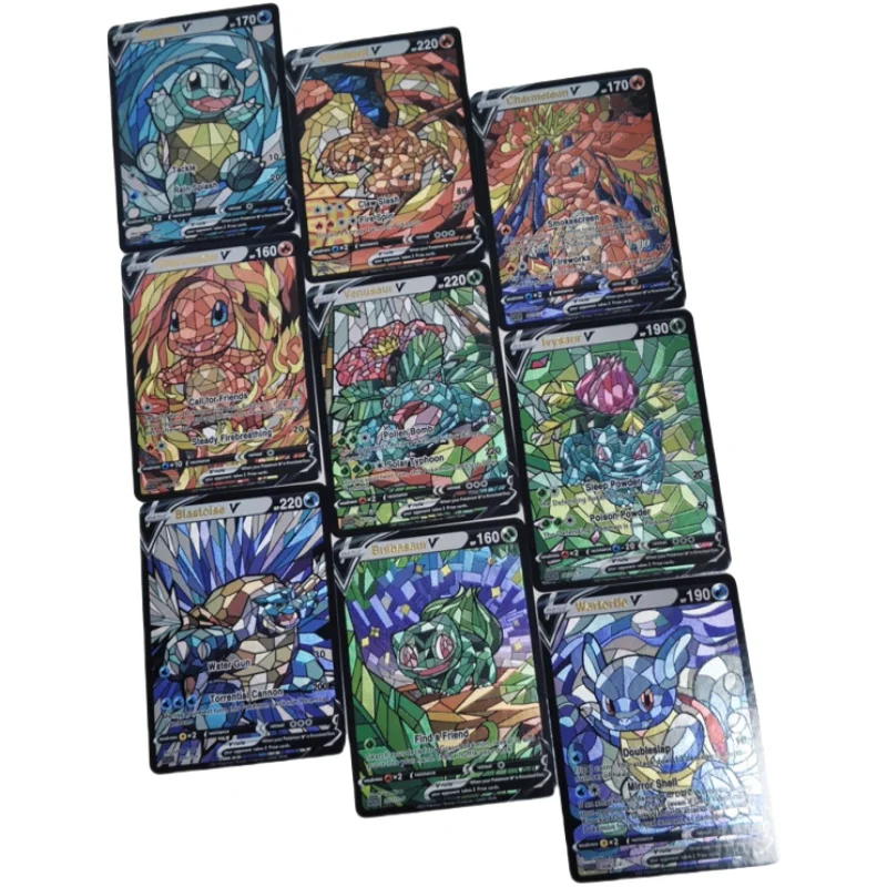 9Pcs/set Pokemon Charmander Squirtle Bulbasaur Church Style Series Coarse Flash Anime Game Characters Collection Cards Toys Gift