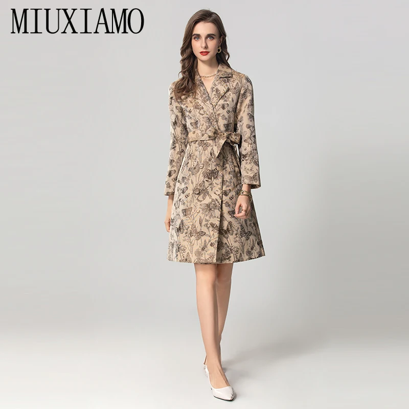 MIUXIMAO 2024 Autumn&Winter Female Luxury Royal Jacket Fashion Coat Fashion Slim Butterfly Leaf Print Jackets for Women Belt