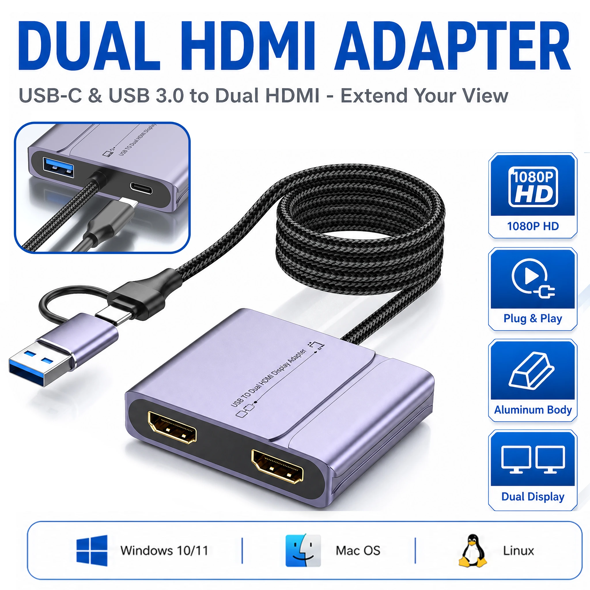 4in1 USB 3.0 5GBPS TYPE C TO Dual HDMI Dispaly Adapter HD1080P Screen splitter HUB for Laptop