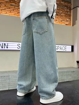 Boys Loose Straight Leg Jeans 3 2026 Spring Casual Boys Denim Pants Elastic Waist Loose Straight Leg Jeans Blue Pocket Streetwear Style Trousers 3