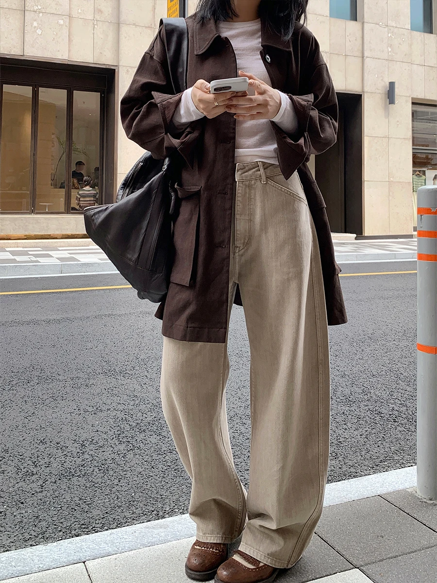 

Muallychen High Waist Wide Leg Jeans Retro Minimalist Workwear Pants Knife Tailoring Vintage Style Ladies Denim Trousers