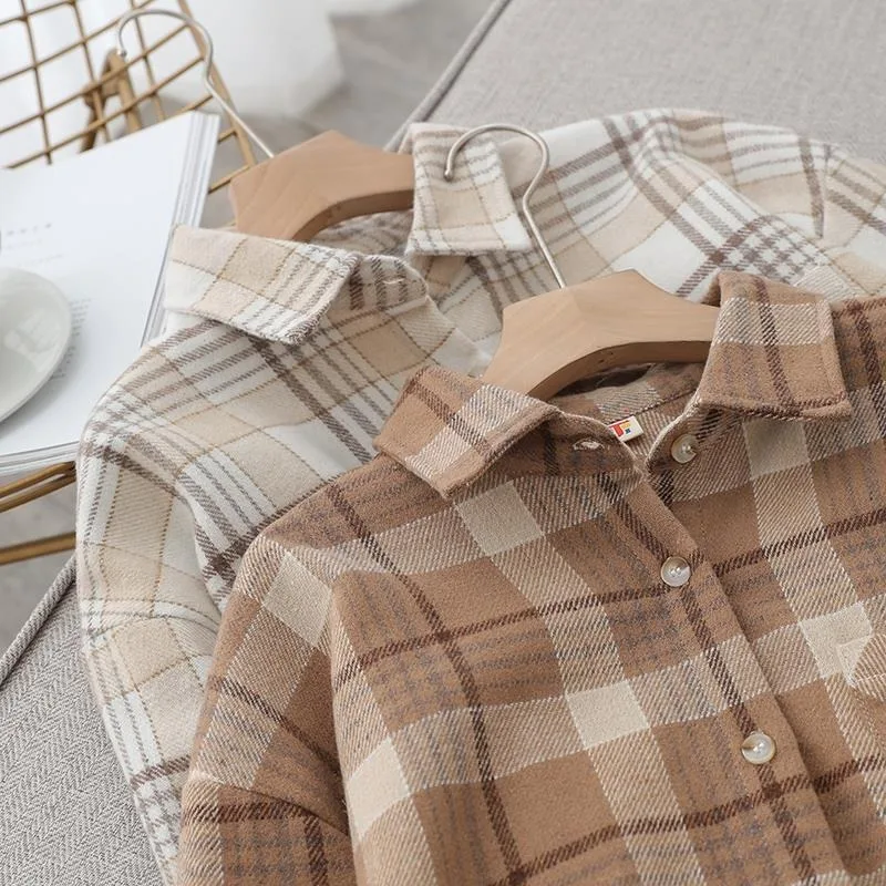 2023 New Fashion Corduroy Shirt Women\'s Autumn Overcoat Oversized Shirt Brown Top Plaid Shirt Overalls Blouse Woman Tops