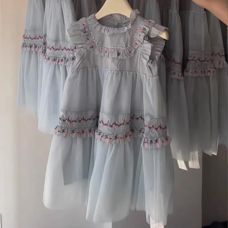 

Girls' Dress New Summer Children's Retro Embroidered Mesh Princess Dress Girls' Palace Style Puff Skirt