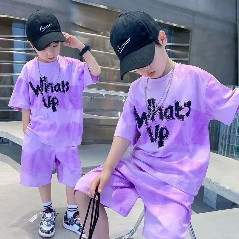 

Children Boys Clothes Gradient Color Kids T-Shirt & Loose Shorts 2pcs Set Teenage Graffiti Tracksuit Hiphop Style Letter Outfit