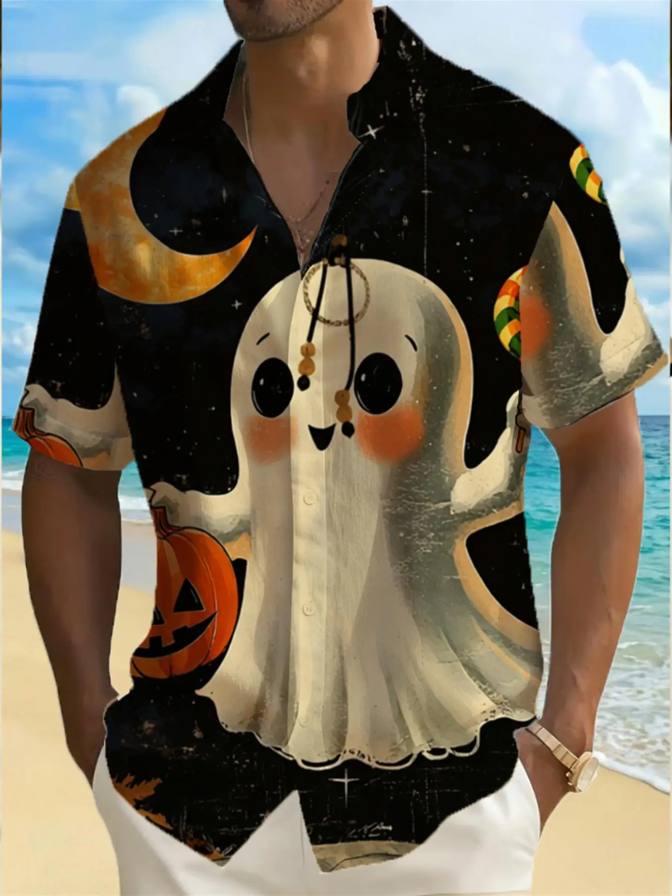 Men's Shirt Short Sleeve Halloween Cute Ghost Pumpkin Moon Print Loose Casual Summer Holiday Top Men Clothes