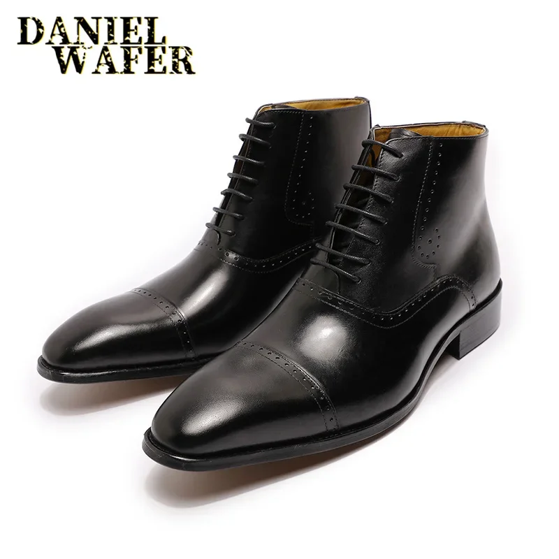 Botines de moda para hombre, vestido Formal, zapatos de cuero, estilo vaquero occidental, con cordones, botas informales marrones/negras para hombre