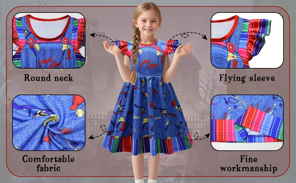 Kleinkind Mädchen Chucky Kostüm Kleid Child's Play Cosplay Outfit Kinder Flügelärmel Gestreiftes Halloween Karneval Party Faschingskostüm – Detail 2