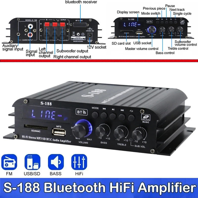 Bluetooth Stereo HiFi Amplifier S-188 Amp Audios Amplificador 2.1 Channel Audio Power Amplifiers Bass Treble Control 40W×2+60W