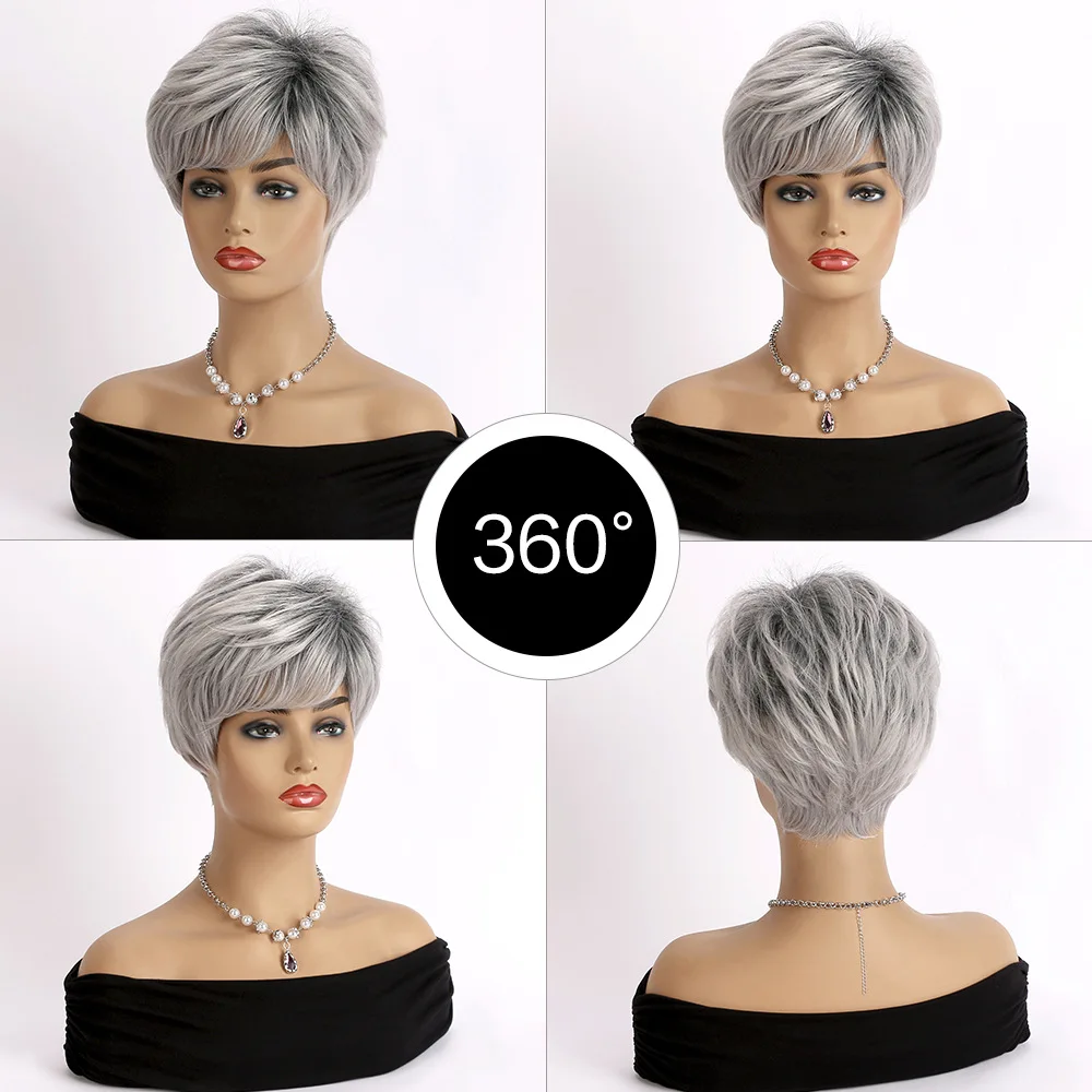 Pelucas sintéticas cortas de corte Pixie para mujer, pelo liso Natural, gris plateado con flequillo, pelo Mommy, peluca rizada ombré para fiesta de disfraces